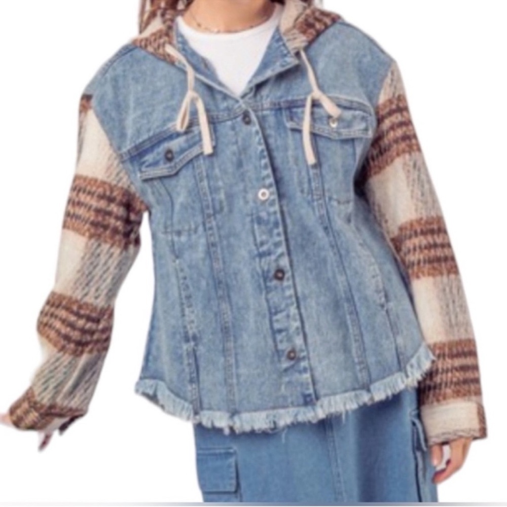 New Jean Jacket With Brown Cream Check Sleeves And Hoodie